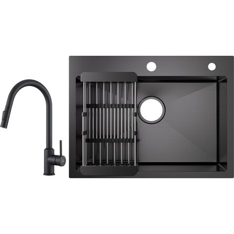 Cecipa 60×45×18 cm Lavello da Cucina Nero - Lavello a 1 Vasca con Cestello di Scarico + Miscelatore da Cucina con Doccetta Estraibile Girevole a 360° Nero (1/5)