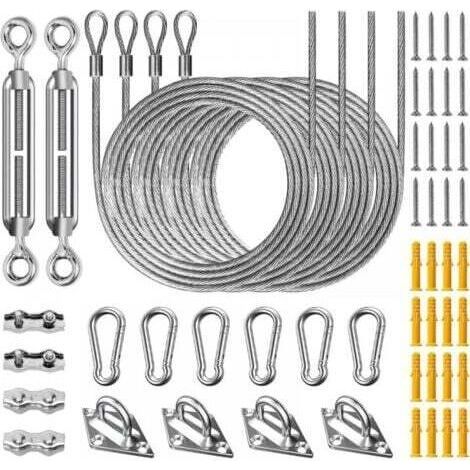 Kit de Fixation Voile d'Ombrage pour Patio 52 Pièces, Acier Inoxydable 304 Kit Accessoires de Fixation Attache Toile ombrage Installation, avec Tendeur Réglage + 2m Corde en Acier (1/5)