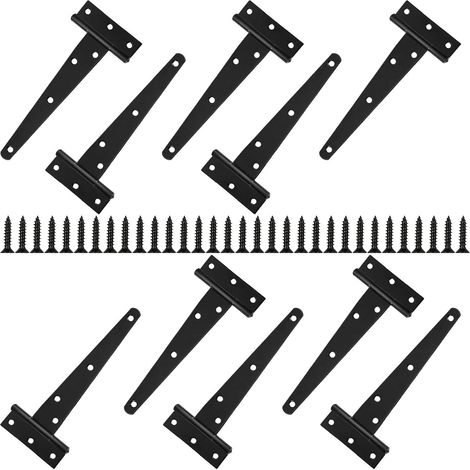 CCYKXA 10er-Pack robuste T-förmige Türscharniere, 15 cm, schwarze Metall-Holz-Türscharniere für Holztüren, Hängeschranktüren, Schuppentüren, Gartenzäune – inklusive 70 Schrauben