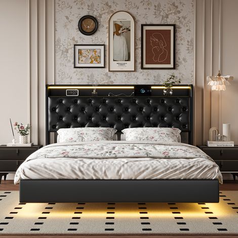 LED-Cadre de lit flottant 140×200 cm - Lit coffre 140×200 cm - Type-C et USB - Tête de lit avec rangement - PU (1/5)