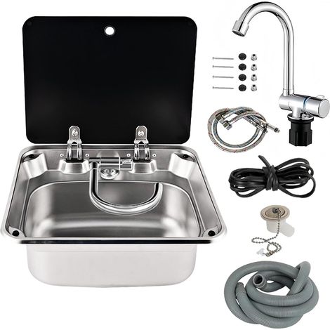 Évier de cuisine avec couvercle, 41,9 x 37,6 x 15 cm, en acier inoxydable 304 avec robinet pivotant à 360° pliable et couvercle en verre trempé pour caravane, camping-car (1/5)