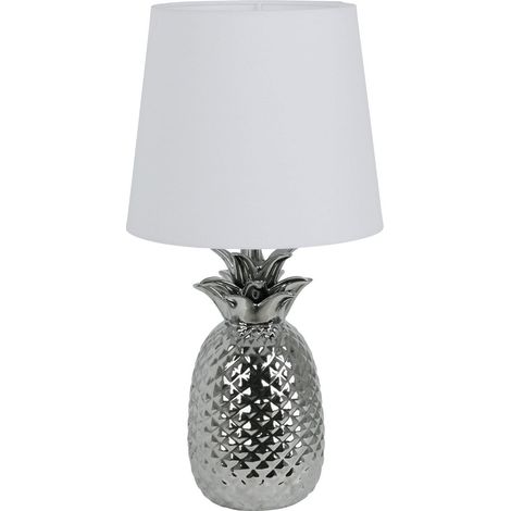 Lampe à poser design ananas en céramique chromée et abat-jour blanc, hauteur 45 cm, douille E14 - PANGIVO (1/5)