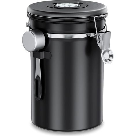 Boîte à café hermétique 1 kg - récipient à café en acier inoxydable avec valve CO2 - avec cuillère doseuse (2,8 L noir) - Perfet (1/5)