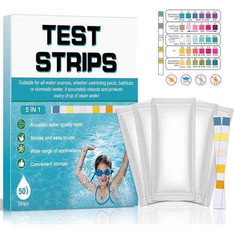Bandelette Piscine, Testeur Piscine Pour Eau De Piscine Et Spa, Test Piscine Mesure Dureté Totale, Chlore Total, Chlore Libre Ou Brome, Ph Et L'alcalinité Totale (1/5)