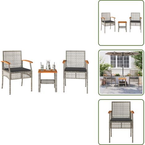 The Living Store Set da Bistrò 3 pz con Cuscini Grigio Polyrattan e Legno Acacia - Tavolo da giardino