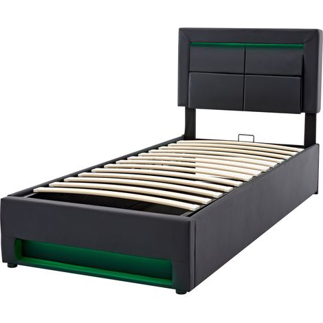 Letto imbottito 90 x 200 cm con USB, LED e contenitore, PU nero, senza materasso (1/5)