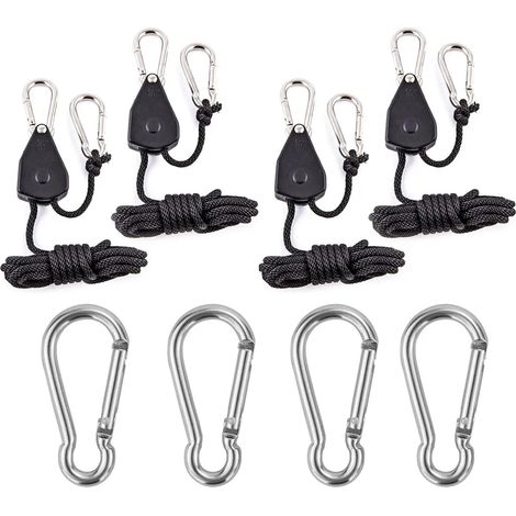 Cliquet à corde 4 pièces avec crochet, poulie de corde longue et réglable robuste (capacité de charge de 68 kg), métal renforcé, 2 paires, noir (1/5)