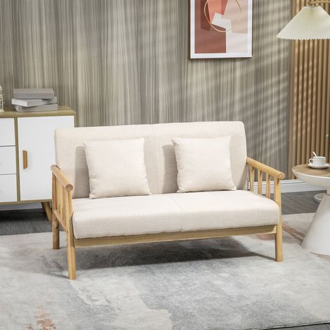 Canapé 2 places. revêtement en tissu aspect lin. compact. jusqu'à 200 kg. structure en bois. 123 x 69 x 74 cm. beige (1/5)