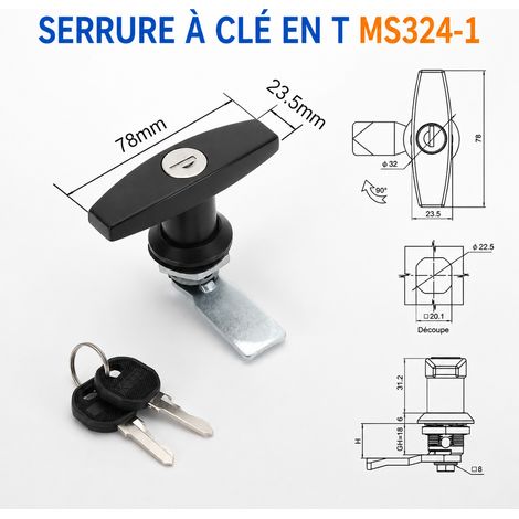 Serrure à poignée en T MS324-1 avec clé pour armoire électrique noire ms324-1 noir – Livraison gratuite