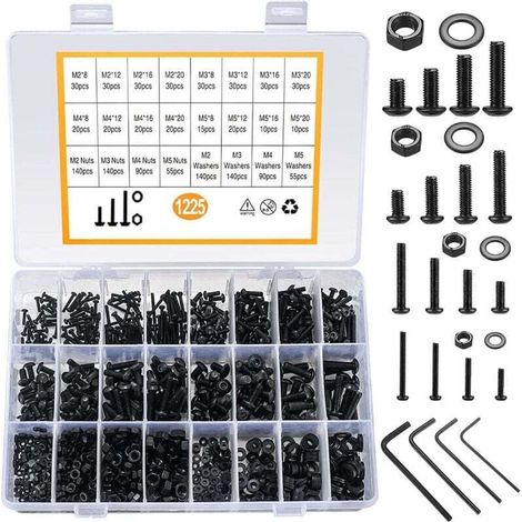 Assortimento di 1225 viti e bulloni per cavi con testa esagonale in acciaio al carbonio M2 M3 M4 M5 con dadi (nero) -Crezuo