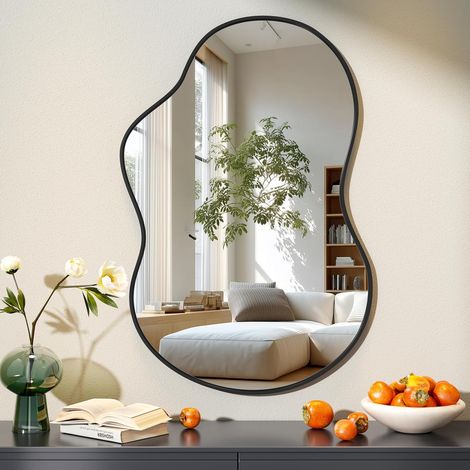 Miroir Mural irrégulier, Miroir asymétrique, 60 x 90 cm, Miroir décoratif pour Chambre, Salle de Bain, Salon, entrée. Décoration Murale Moderne, Cadre Noir (1/5)