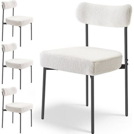 Chaises de salle à manger bouclette lot de 4, style mid-century moderne, chaises rembourrées, pieds métal noir, blanc (1/5)