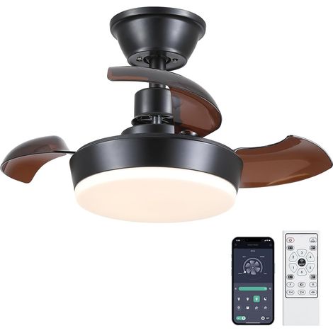 60cm Ventilateur de Plafond avec Lampe LED, Plafonnier Ventilateur Silencieux Connecté avec Télécommande 6 Vitesses, 3 Pales Rétractables Invisibles, Lustre Moderne pour Chambre Salon, Noir (1/5)