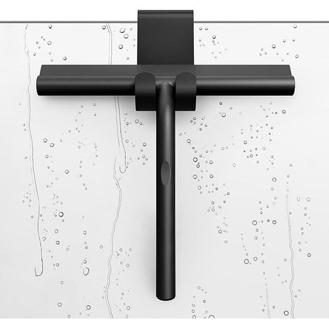 Silicone, Raclette de Douche Vitre avec Noyau Acier Inoxy, Douche Essuie-Glace 21cm avec Crochet sans Perçage, Raclette (Noir) (1/5)