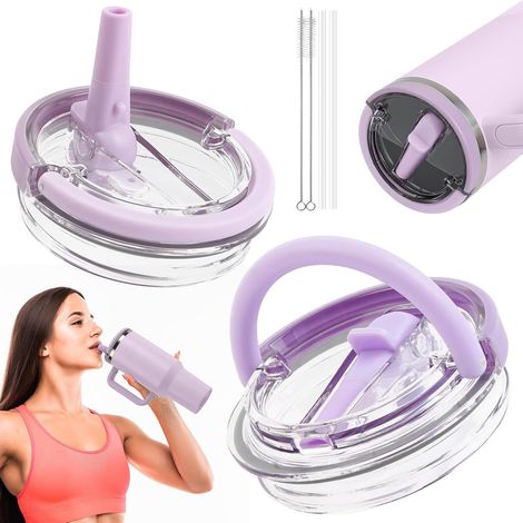 Replacement Cup Lid for Stanley 40 oz Cup, 2 Pieces Flip-Top Straw Lid for Stanley Cup with 2 Straws and 2 Cleaning Brushes, Leakproof Cup Lid for Stanley Cup, Pink/Purple