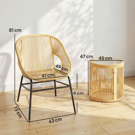 Ensemble bistro 3 pièces en rotin et acier (2 chaises, table ronde avec plateau en verre trempé, beige) (1/5)