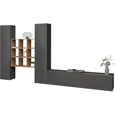 Parete Soggiorno Attrezzata 350 cm TV Colonne Libreria Antracite Rovere (1/4)