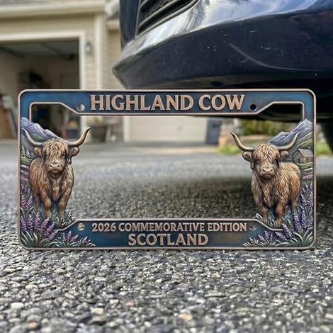 Plaque d'immatriculation originale et tendance « Vache des Highlands » - Bleue