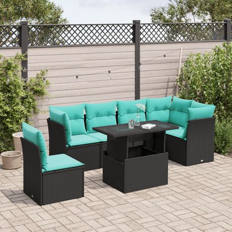 7-teiliges Gartensofa-Set mit Kissen, schwarzes Polyrattan (1/5)
