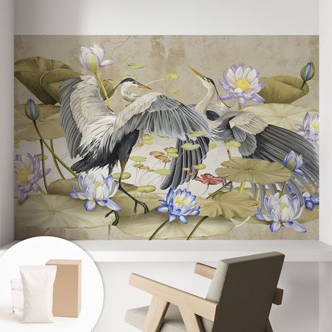 Papier peint intissé mural avec imprimé motifs décoratifs - style contemporain - Colle incluse gratuite Oiseaux et lys 104x70 cm