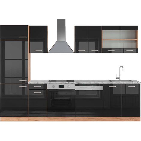 Cuisine R-Line, Noir brillant/Chêne doré, 300 cm , PT Marbre, Vicco
