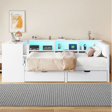 FLORAGRACE Cama 140x200 cm en MDF blanco con cabecero acolchado, estantes, 2 cajones, base de carga y LED blanco para dormitorio moderno (1/5)