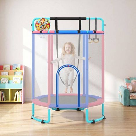 Trampoline enfant bleu 154 cm 6 en 1 avec barre de gymnastique, balançoire et anneaux pour jardin et plein air (1/5)