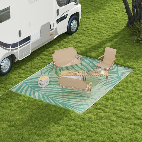 Tappeto da giardino reversibile per esterni, 365 cm di lunghezza x 274 cm di larghezza, impermeabile, con motivo a foglie, con borsa per il trasporto, colore verde crema.
