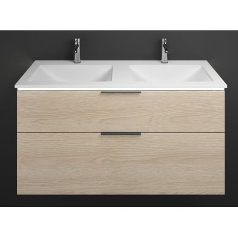 Burgbad Eqio Mineralguss-Doppelwaschtisch mit Unterschrank 122 cm, mit Mittelsteg und 2 Auszügen, mi Eiche Dekor Cashmere/Alpinweiss Schwarz matt (1/2)