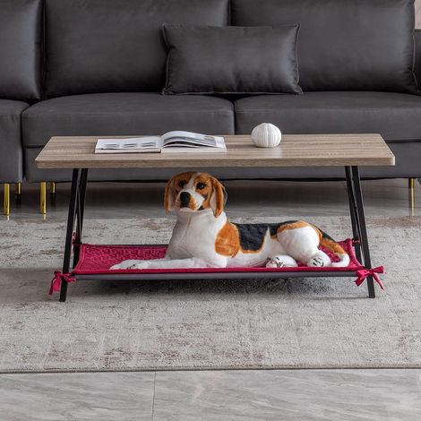 Coffee table with pet bed, black metal frame with wooden top and velvet cover for the living room (1/5)