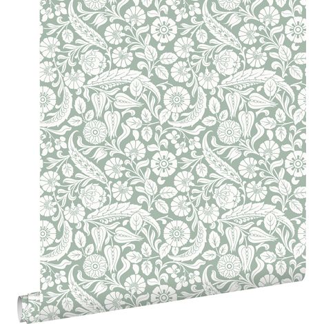 papier peint fleurs vert grisé - ESTAhome (1/5)