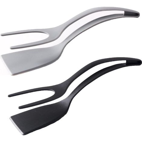 Spatule 2 en 1 - Set de 2 - Spatule à œufs - Pince à crêpes - Nylon - Spatule à omelette - Spatule de cuisine - Avec pinces rabattables - Pour la cuisine à Cuisine - 30,5 x 8,5 cm - Zwart+ Grijs (1/5)