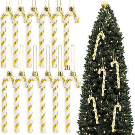 12 Pièces Sucre d'orge Deco Noel Sapin, Décorations d'arbre de Noël en Canne à Sucre avec Paillettes, Decoration Noel Sapin Canne de Bonbons (Or) (1/5)