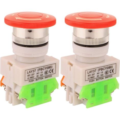 2pcs AC 10A 22mm L'arret D'urgence Bouton Poussoir NO/NC Rouge Capuchon Champignon