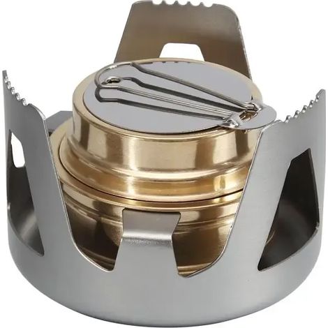 Réchaud à alcool portable miniature, réchaud en laiton robuste avec support et couvercle en aluminium, idéal pour le camping, la randonnée, la chasse et la cuisine en sac à dos. (1/4)