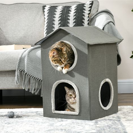 Maison pour Chats à Deux Niveaux avec Coussins Lavables 3 entrées, 42x46x59,5 cm, Gris (1/5)