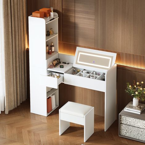 Coiffeuse avec miroir LED rabattable, USB, rangements et tabouret blanc HAVRYA (1/5)