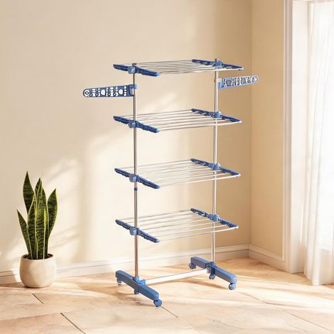 Sèche-linge sur roulettes 2 niveaux en acier bleu coloris bleu (1/5)