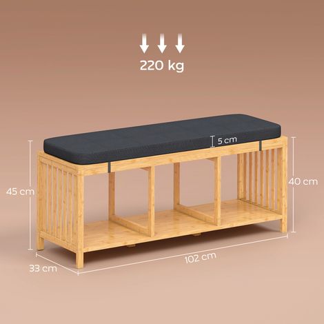 Banc à chaussures en bambou, banc d'entrée avec coussin d'assise rembourré et étagère ouverte, aspect bois naturel (1/5)