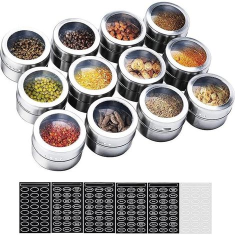 Gewürzgläser Set 12 Stück, magnetische Edelstahl-Gewürzdosen mit transparentem Deckel für BBQ, inkl. 120 Gewürzaufklebern