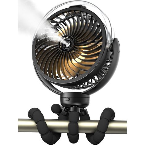 Ventilatore nebulizzatore per passeggino, ventilatore portatile alimentato a batteria da 6000 mAh con luce e rotazione a 360°, ventilatore personale con treppiede flessibile per neonati, scrivania, vi (1/5)