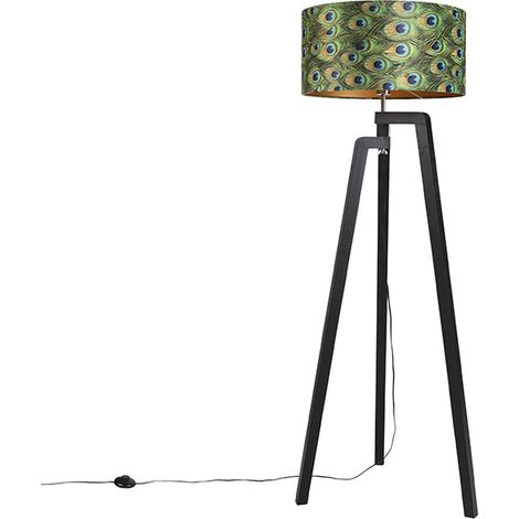 Floor Lamp Tripod Black with Peacock Design Lampshade 50 cm - Puros