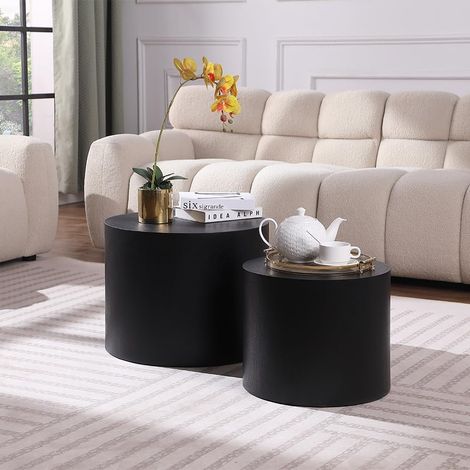 Ensemble de 2 tables basses gigognes – Tables rondes modernes en bois noir, idéales pour petits espaces (salon, chambre) – Tables d'appoint et d'appoint (Noir – Rond) (1/5)