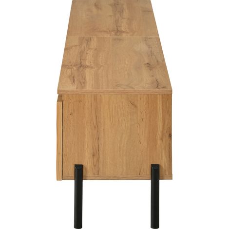 Meuble TV 180 cm, naturel à façades ondulées et pieds métalliques, banc télévision naturel en MDF et panneaux de particules, 4 portes, 2 compartiments fermés, meuble TV moderne pour salon et séjour (1/5)
