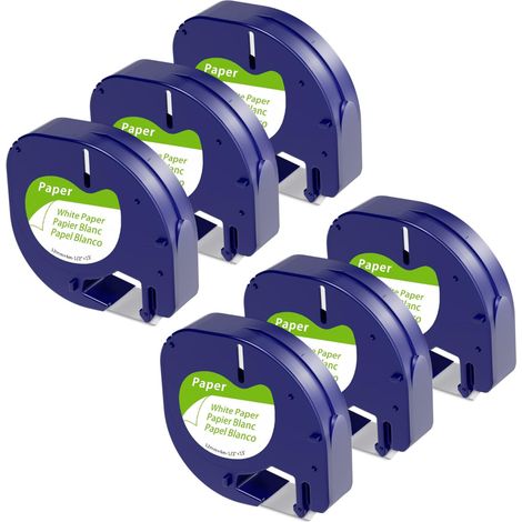 Paquete de 6 cintas de papel compatibles DYMO LetraTag 91331, negras sobre blanco, recambio para la etiquetadora Dymo LetraTag. (1/4)