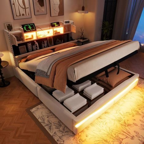 Lit Coffre - SOGEU - Lit Coffre 160x200 - Lin beige - LED connecté & USB/Type‑C - Tête de lit étagère, coffre hydraulique (1/5)