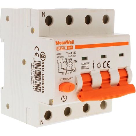 Disjoncteur différentiel MeanWell type A courbe C 3P+N 4M 6 kA 30 mA C40A AC 400 V (1/5)