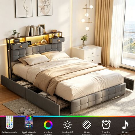 Lit Double Rembourré 160x200cm avec 4 Tiroirs, LED RGB, Station de Charge USB/Type-C, Tête de Lit de Rangement, Cadre de Lit, Velours Gris