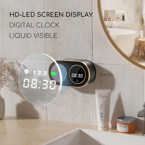 Distributore automatico di sapone nero senza contatto, display dell'ora a LED HD, distributore di sapone in schiuma ricaricabile da parete (1/4)