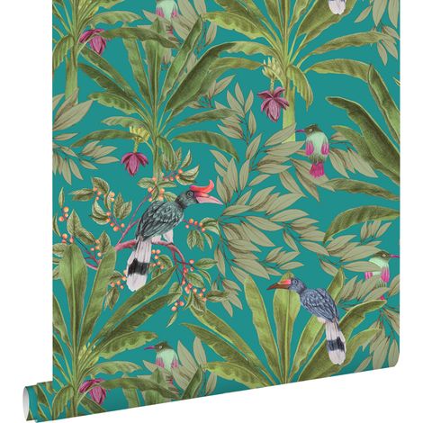papier peint feuilles de la jungle tropicale et oiseaux de paradis bleu canard et vert jungle - ESTAhome (1/5)